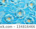 Elegant turquoise floral pattern on luxury fabric featuring intricate embroidery and gold details ideal for fashion and interior design applications 134816466