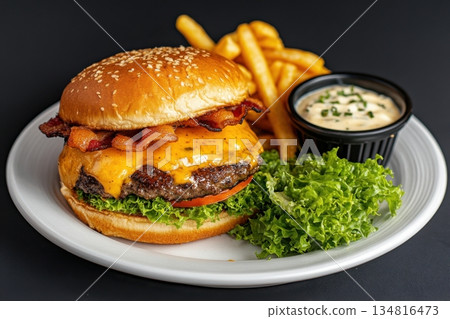 Mouthwatering gourmet cheeseburger with melted cheese, crispy bacon, and fresh lettuce served with fries and dipping sauce on a white plate Mouthwatering gourmet cheeseburger with melted cheese, crispy bacon, and fresh lettuce served with fries and dipping sauce on a white plate 134816473