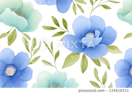 Seamless watercolor floral pattern featuring large blue flowers and delicate green leaves, perfect for fabric design, wallpaper, or stationery with copy space 134816551