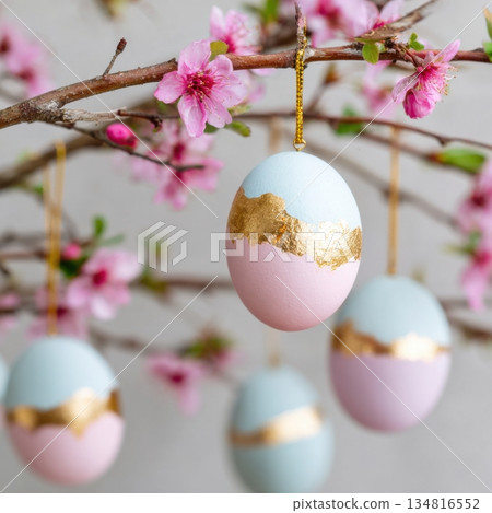 Handmade DIY Easter egg decorations hanging on a branch adorned with pink blossoms, creating a festive and colorful atmosphere for spring celebrations and holiday gatherings 134816552