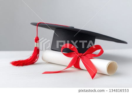 Graduation cap with red tassel placed beside diploma tied with a red ribbon, symbolizing academic achievement and celebration of educational milestones 134816553
