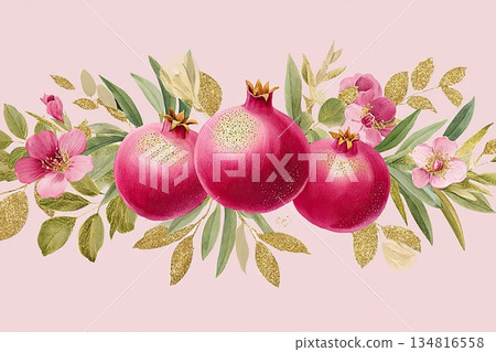 Elegant decorative illustration featuring vibrant pomegranates surrounded by lush foliage and delicate flowers, creating a stunning visual composition with a soft pink background 134816558