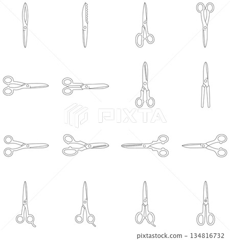 A minimalist line art illustration displaying a grid of 16 different types of scissors and shears. A minimalist line art illustration displaying a grid of 16 different types of scissors and shears. 134816732