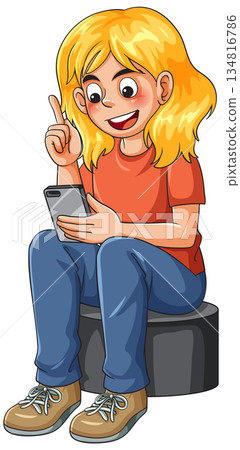 Smiling Girl Sitting and Using Smartphone Illustration 134816786