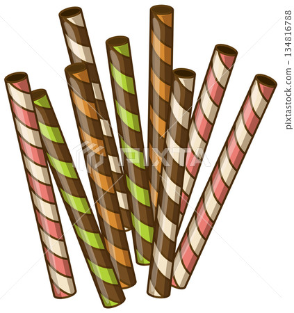 Colorful Crispy Wafer Sticks with Chocolate and Cream Filling Colorful Crispy Wafer Sticks with Chocolate and Cream Filling 134816788