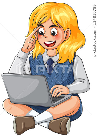 Smiling Schoolgirl Sitting Cross Legged Using Laptop Smiling Schoolgirl Sitting Cross Legged Using Laptop 134816789