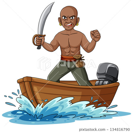 Angry Pirate Holding Sword Standing in Wooden Boat Angry Pirate Holding Sword Standing in Wooden Boat 134816790