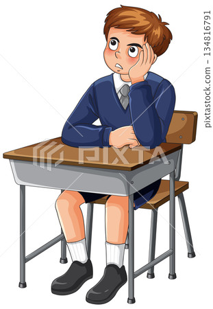 Bored Schoolboy Daydreaming at Classroom Desk Illustration 134816791