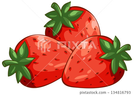 Vector Illustration of Three Fresh Red Strawberries with Green Leaves 134816793