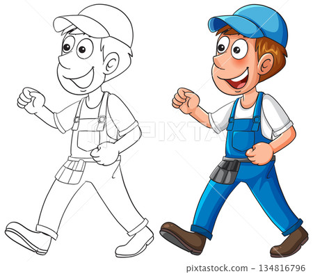 Cartoon Worker in Blue Overalls Walking with Tool Pouch 134816796