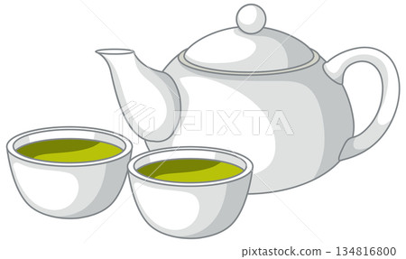 White Ceramic Teapot with Two Small Cups of Green Tea White Ceramic Teapot with Two Small Cups of Green Tea 134816800