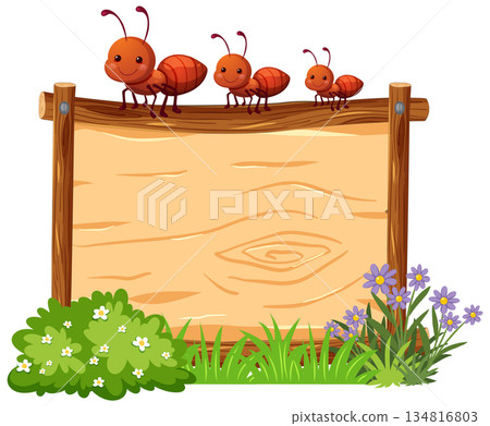 Cartoon Ants on Wooden Sign with Flowers and Grass Cartoon Ants on Wooden Sign with Flowers and Grass 134816803