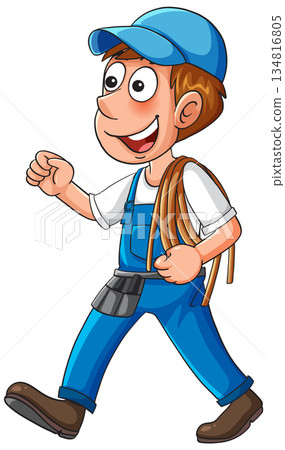 Smiling Electrician Walking with Tools and Cable 134816805