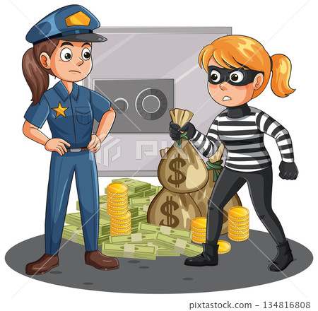 Police Officer Confronts Burglar Stealing Money from Safe Police Officer Confronts Burglar Stealing Money from Safe 134816808