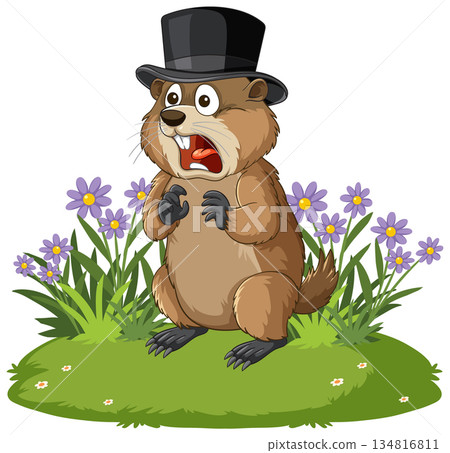 Surprised Groundhog Wearing Top Hat in Flower Garden Surprised Groundhog Wearing Top Hat in Flower Garden 134816811