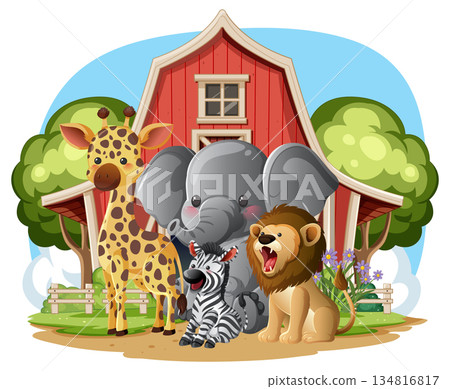 Cartoon Wild Animals Grouped in Front of Red Barn 134816817