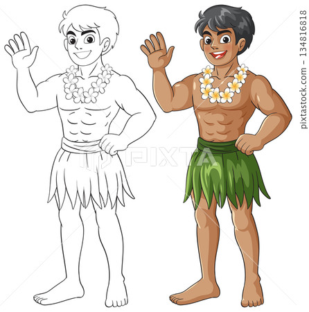Smiling Hawaiian Boy in Grass Skirt Waving Hand 134816818