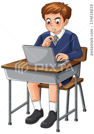 Surprised Schoolboy Using Laptop at Classroom Desk Surprised Schoolboy Using Laptop at Classroom Desk 134816819