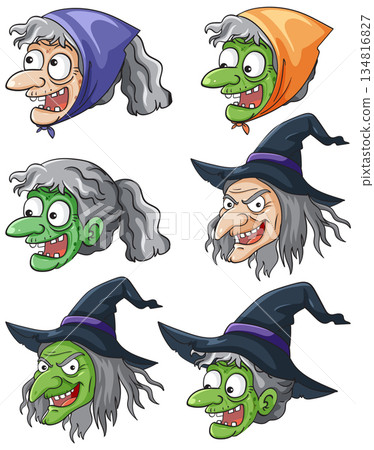 Cartoon Witch Faces with Hats and Headscarves Collection Cartoon Witch Faces with Hats and Headscarves Collection 134816827