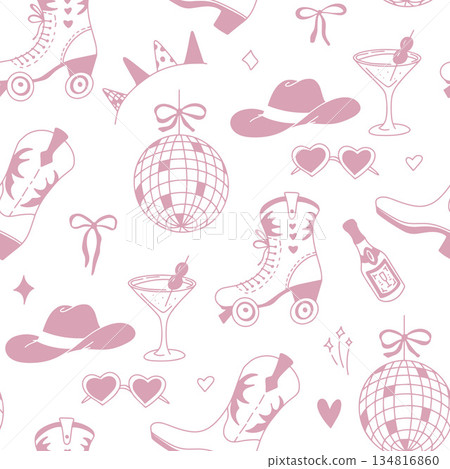 Whimsical cowgirl seamless pattern with cherries and glitter boots Whimsical cowgirl seamless pattern with cherries and glitter boots 134816860
