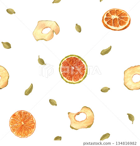 Dried fruit slices and cardamom pods watercolor isolated seamless pattern. Raw sweeet apple chips, round orange slice and seasoning seeds illustration. Natural ingredients for mulled wine decor. 134816982