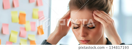 Young professional experiences stress while managing multiple tasks. Surrounded by colorful sticky notes, she symbolizes the chaos and pressure of meeting work deadlines 134817193