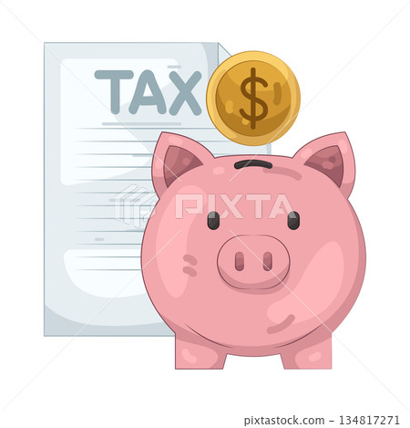 Illustration of tax report with piggy bank  134817271