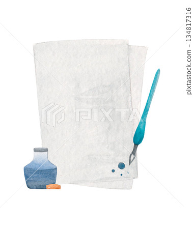 Watercolor isolated set of envelope with wax stamp, letters, sheet of paper and . Other elements for lettering and post. Clipart set isolated on a white background 134817316