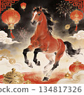 Happy Chinese New Year of the horse 2026 festive illustration with horse, traditional Chinese elements, lanterns and fireworks. 134817326
