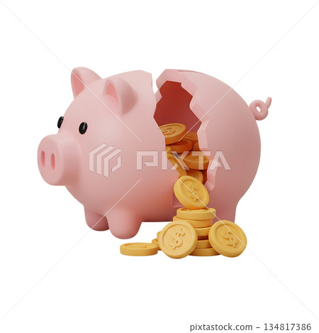 3d broken ceramic piggy bank with a crack and a cascade of gold coins spilling out, symbolizing savings, investment, and sudden financial gain 134817386