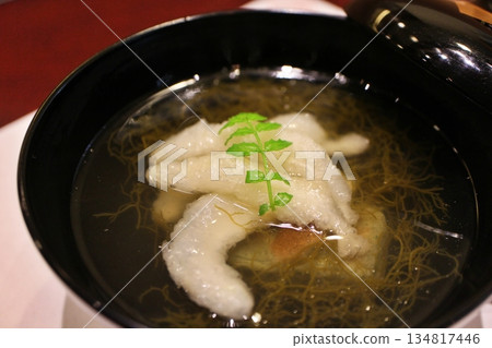 Japanese soup with icefish, mozuku seaweed and namafu (wheat gluten) Japanese soup with icefish, mozuku seaweed and namafu (wheat gluten) 134817446