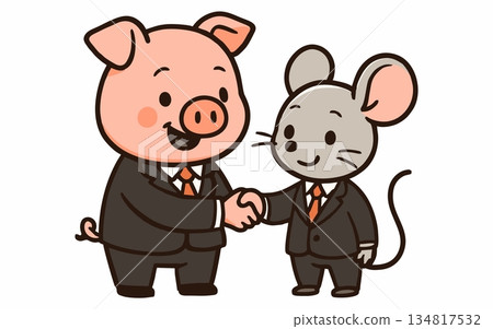 Cartoon illustration of a pig and a mouse shaking hands. 134817532