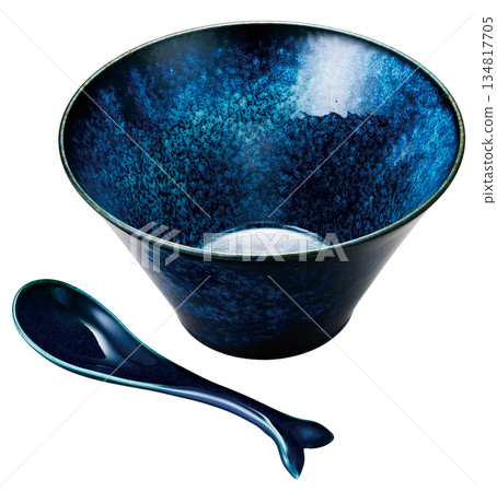 A luxurious indigo ceramic bowl and spoon set. Japanese modern tableware, perfect for ramen and soup bowls. 134817705