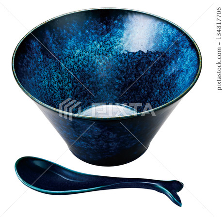 A luxurious indigo ceramic bowl and spoon set. Japanese modern tableware, perfect for ramen and soup bowls. A luxurious indigo ceramic bowl and spoon set. Japanese modern tableware, perfect for ramen and soup bowls. 134817706