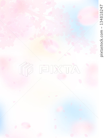 A vertical illustration of a pale, blurred, fantastic cherry blossom and blue sky 134818247