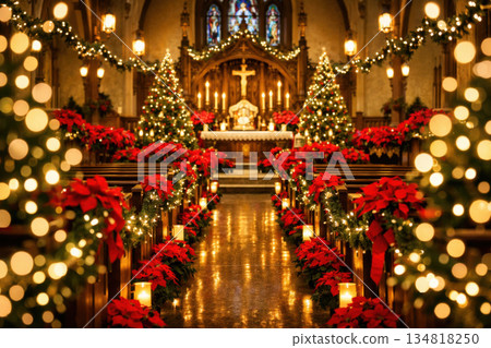 Holiday decorated church with poinsettias and twinkling lights. warm lighting and festive ambiance create soft glow, illuminating aisle for serene celebration Holiday decorated church with poinsettias and twinkling lights. warm lighting and festive ambiance create soft glow, illuminating aisle for serene celebration 134818250