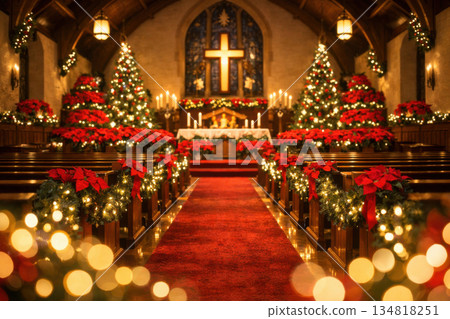 Holiday decorated church with poinsettia flowers and twinkling light creating warm glow. festive ambiance and soft bokeh illuminate aisle with serene, peaceful feeling Holiday decorated church with poinsettia flowers and twinkling light creating warm glow. festive ambiance and soft bokeh illuminate aisle with serene, peaceful feeling 134818251