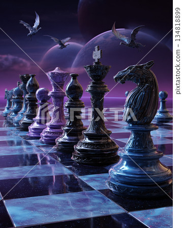 A Majestic Cosmic Battle Between Dragon Kings Under Purple Nebulae 134818899