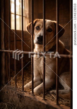 Emotional and somber portrait of sad, lonely dog sitting inside cage at an animal shelter. pet waiting for adoption, with warm natural light passing through bars 134819010