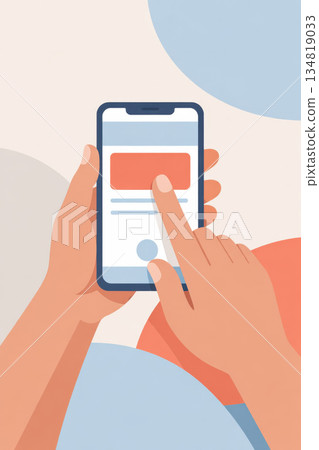 Flat abstract illustration of hands holding smartphone and touching screen. focused person using mobile device for modern digital lifestyle or communication 134819033