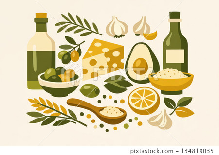 Fresh food and ingredient illustration for healthy culinary concept. This delightful composition features olive, cheese, garlic, and avocado arranged abstractly with clean shapes 134819035