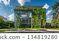 green plants and garden on modern glass skyscraper office building, nature and contemporary architecture, balance and harmony of environment and human, sustainability of ecosystem 134819280