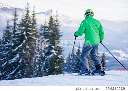 Back view of skier in green jacket and helmet using poles on snow, with pine forest and mountain panorama at ski resort 134819289