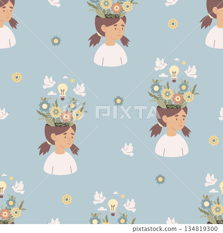 Mental Health Child Pattern Seamless. Girl Head Blooming Flowers Lightbulb and White Dove Birds on Gently Blue Background. Kids Wellness, Harmony, and wellbeing. Vector Illustration. Not AI 134819300