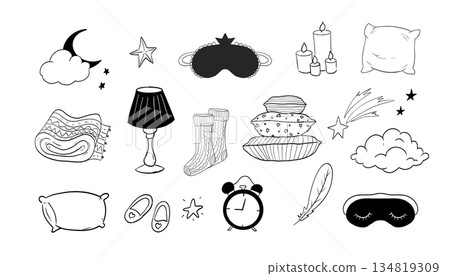 Sleep set hand drawn night symbols doodle. Pillow line bedroom relax, sleeping mask, stars and moon. Warm cozy clothes, socks. Sleepy mood,  134819309