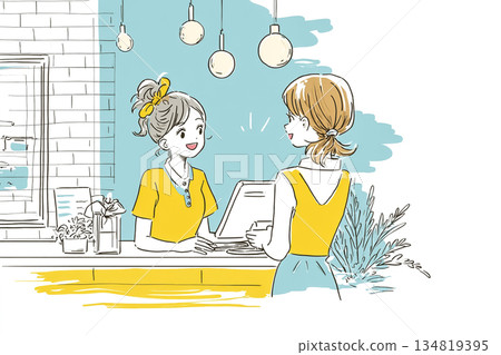 Illustration of a female staff member welcoming visitors at the reception counter with a smile 134819395