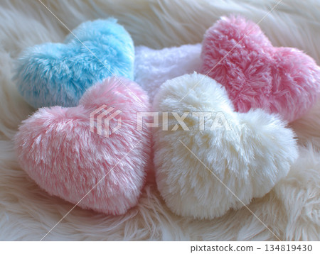 Soft Pastel Pink And Blue Fluffy Faux Fur Heart Pillows 134819430