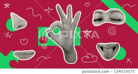 Halftone collage with lips nose eyes and hands. Retro pop art vector portrait with human face parts. Abstract dotted pattern design in y2k style. Modern graphic element isolated on white background 134819573