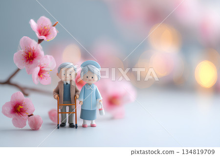 Elderly people and caregivers undergoing rehabilitation surrounded by cherry blossoms / Mamio Design Welfare Series 134819709
