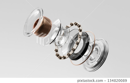 Exploded View of Mobile Device Camera Lens Components. 3D Rendering. Exploded View of Mobile Device Camera Lens Components. 3D Rendering. 134820089
